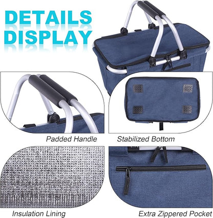 Picnic Basket, SIYUAN Collapsible Shopping Basket with Lid 27L Large Market Basket with Handles Reusable Folding Grocery Basket Insulated Cooler Bag for Picnic Travel, Blue