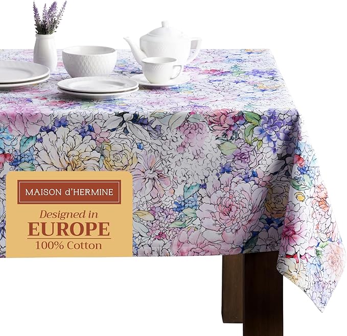 Maison d' Hermine Table Cloth Square Table 100% Cotton 54 x 54 Inches Tablecloth Reusable Decorative Everyday Use for Dining Room, Farmhouse, Home, Party, Festive & Wedding Spring Summer - Floral Love
