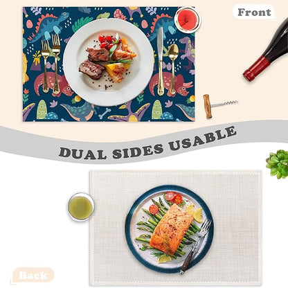 Dinosaur Placemats Set of 6,Cute Tropical Leaves Heat Resistant Table Mats Washable Place Mats for Party Kitchen Farmhouse Home Dining Holiday Decor 12x18 Inch