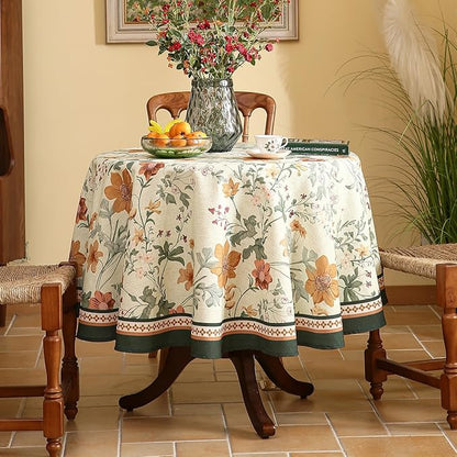 French Linen Small Tablecloth for Round Table,Orange Floral Pattern Wrinkle Resistant Tablecloths,Decor Table Cover for Kitchen,Dining,Party,Thanksgiving,Christmas,Diameter 55"-Milch