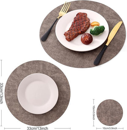 Homaxy Round Faux Leather Placemats and Coasters, Washable Dual-Side Table Mats, Wipeable Heat-Resistant Dining Place Mats for Outdoor and Indoor, Set of 8, Diameter 13 and 3.93 inch, Dark Brown