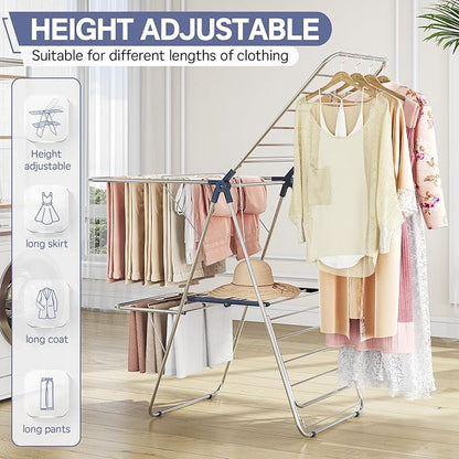 APEXCHASER Clothes Drying Rack with 4 Wings, Stainless Steel Drying Rack Clothing with Height-Adjustable, Foldable Gullwings Laundry Drying Rack, Indoor Outdoor Use, No Assembly, Regular Blue