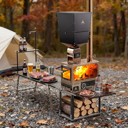 M8 Pellet Stove Pro with Pellet Burner/Oven/Base/Camping Table—Portable Stainless Steel IGT Hot Tent Stove, Includes 6 Chimney Pipes, Suitable for Outdoor Camping and Cooking