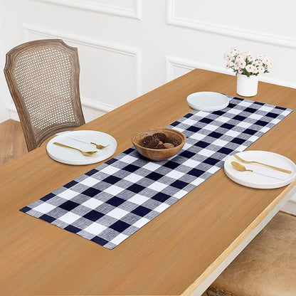 Solino Home Checkered Linen Table Runner 60 Inches - 100% Pure Linen Navy and White Buffalo Check Table Runner 14 x 60 Inch Ideal for Dresser and Coffee Tables - Winter