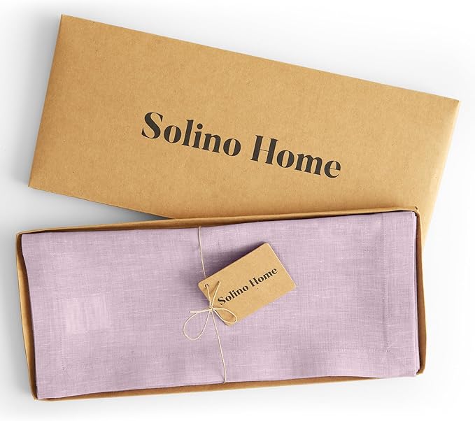 Solino Home Linen Short Table Runner 60 Inches - Athena, 100% Pure Linen Chambray Lavender Table Runner 14 x 60 Inch Ideal for Dresser and Coffee Tables - Spring, Easter, Valentines