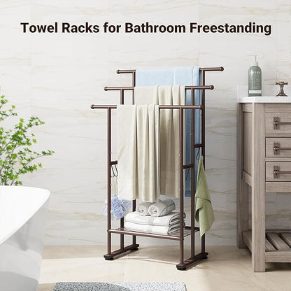 ELYKEN 3 Tier Standing Towel Rack, 40'' Tall Towel Drying Rack Outdoor, Freestanding Floor Towel Rack with Shelf, Pool Towel Blanket Stand, Metal Towel Racks for Bathroom freestanding, Bronze