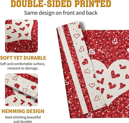 Valentine Hearts Placemats Set of 4, 12x18 Inch Red White Love Heart Linen Table Mats Romantic Wedding Heat Resistant Washable Place Mat for Party Kitchen Dining Outdoor Indoor Decor