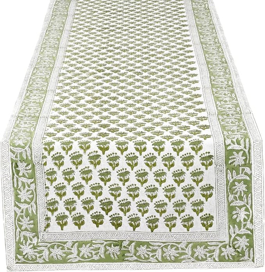 CPC Cotton Table Runner 16x108 Inch Block Printed Long Fall Table Runner for Dining Table, Card Table, Coffee Table, Wedding, Farmhouse & Outdoor Barbeque-Emerald Green