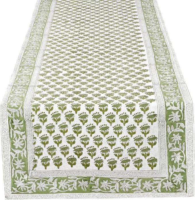CPC Cotton Table Runner 16x90 Inch Block Printed Long Fall Table Runner for Dining Table, Card Table, Coffee Table, Wedding, Farmhouse & Outdoor Barbeque-Emerald Green