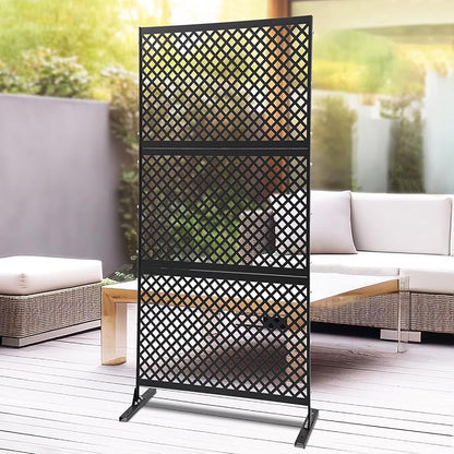 75" H×35" W Decorative Outdoor Privacy Screen with Stand, Outdoor Decor Privacy Fence Screen Metal Fence Panels, Free Standing Metal Divider for Patio Lawn Deck (Black-Small Square)
