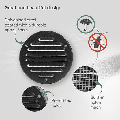 Vent Systems 4 Inch (Inner) Black Metal Soffit Vent Cover - Durable Round Air Vent Grille with Mesh Screen - Weather Resistant Ventilation Grill - Wall & Ceiling, Indoor & Outdoor Crawlspace Vent