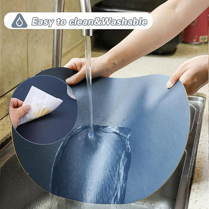 Reversible Placemats Set of 6 Waterproof Oval Faux Leather Placemat Navy Blue and Yellow PU Table Mats Heat Resistant Anti Slip Washable Place Mat for Indoor and Outdoor Dining Table