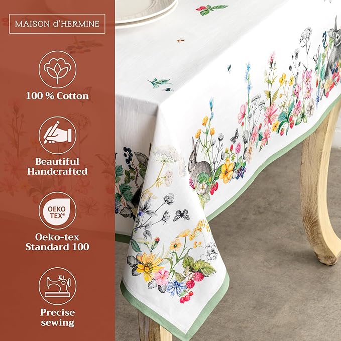 Maison d' Hermine Table Cloth Rectangle Table 100% Cotton 70 x 108 Inches Tablecloth Reusable Decorative for Dining Room, Farmhouse, Home, Party, Festive & Wedding Spring Summer - Printemps