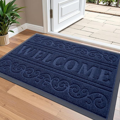 OLANLY Welcome Door Mat Indoor Outdoor Entrance, Heavy Duty Sturdy Front Door Mat, Waterproof All-Weather Doormat, Stain Resistant, Low Profile, Easy Clean Patio Entryway Mat, 36 x 24, Navy Blue