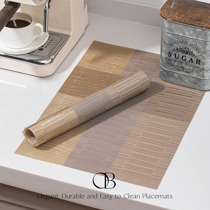 Placemats Set of 4 - Easy Clean Woven Vinyl Placemats for Dining Table, Indoor/Outdoor Place Mats, Washable PVC Table Mats （Gold Dune）