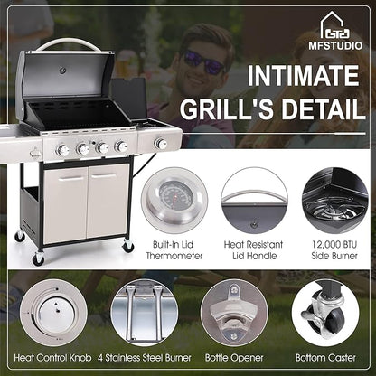 MFSTUDIO 4-Burner Propane Gas Grill, Stainless Steel BBQ Grill with Side Burner and Porcelain-Enameled Cast Iron Grates, High Heat Output Gas BBQ Grills for Barbeque and Outdoor Cooking