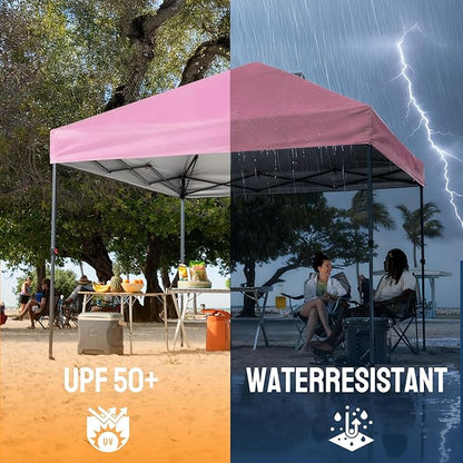 CROWN SHADES 10x10 Pop Up Canopy Tent - Patented Center Lock One Push Instant Outdoor Canopy Beach Tent with STO-N-Go Bag 8 Stakes & 4 Sand Bags，Pink