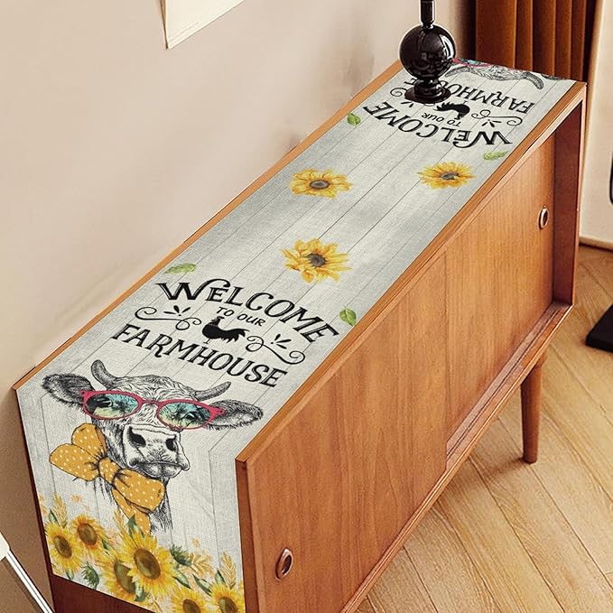 Farmhouse Cow Table Runner, Rustic Yellow Sunflower Floral Buffalo Animals Spring Coffee Farm Table Center Decor for Family Kitchen and Living Room Country Holiday Party Table Decorations, 13" X 72"
