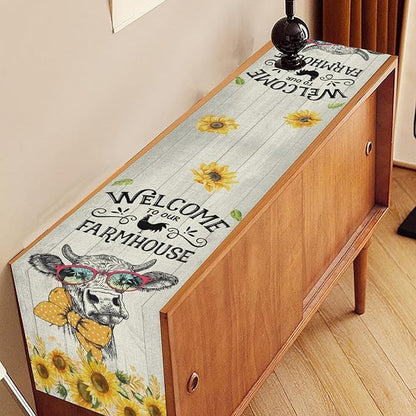 Farmhouse Cow Table Runner, Rustic Yellow Sunflower Floral Buffalo Animals Spring Coffee Farm Table Center Decor for Family Kitchen and Living Room Country Holiday Party Table Decorations, 13" X 108"