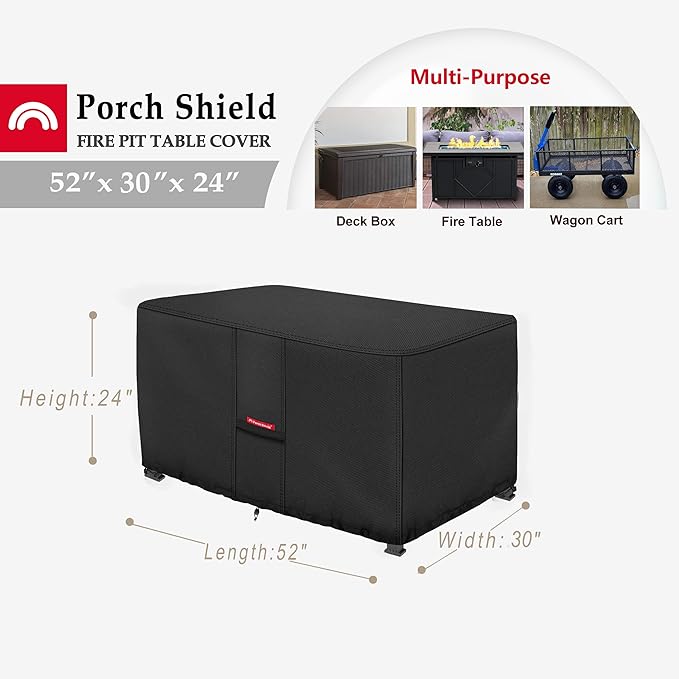 Porch Shield Patio Fire Pit Cover - Waterproof 600D Outdoor Rectangular Fire Table Cover Deck Box Protector - 52 x 30 inch, Black
