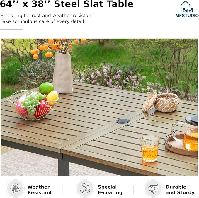 MFSTUDIO Patio Dining Sets with Swivel Chairs, Wood-Like Metal Table for 6 and Wicker Chairs, 7 Pieces Outdoor Dining Furniture, Patio Rectangular Table and Chair for Deck, Backyard