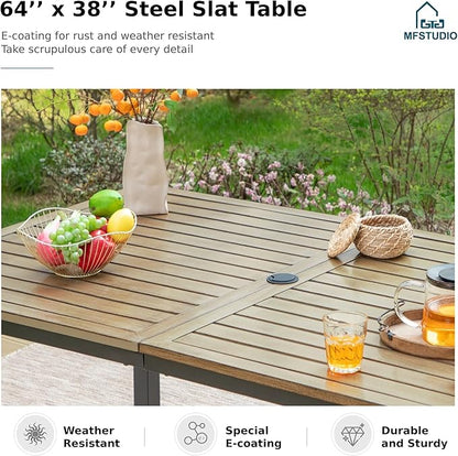 MFSTUDIO Patio Dining Sets with Swivel Chairs, Wood-Like Metal Table for 6 and Wicker Chairs, 7 Pieces Outdoor Dining Furniture, Patio Rectangular Table and Chair for Deck, Backyard