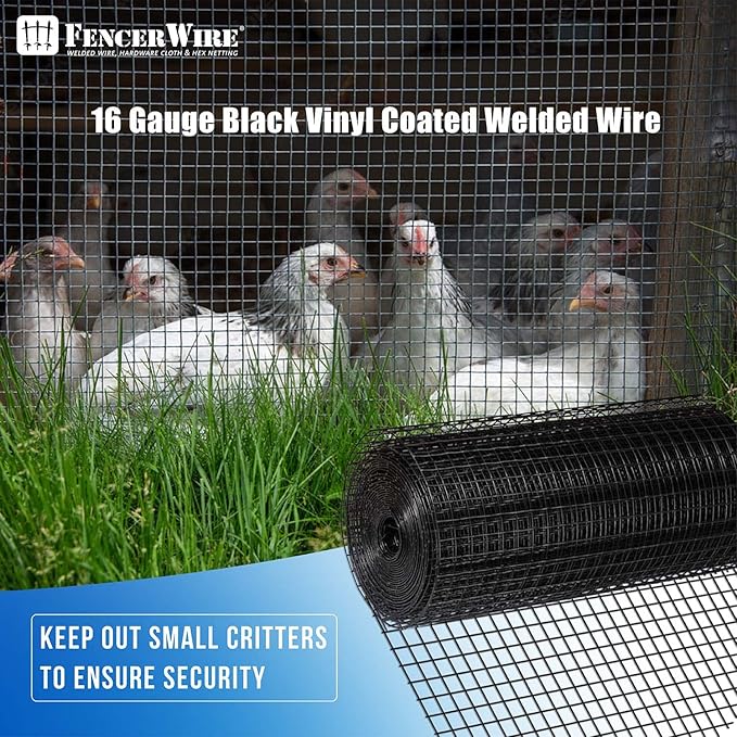 Fencer Wire 16 Gauge Black Vinyl Coated Welded Wire Mesh Size 1 inch by 1 inch for Home and Garden Fence and Pet Enclosures Protect Chickens Rabbits and Farmed Animals (c. 3 ft. x 50 ft.)