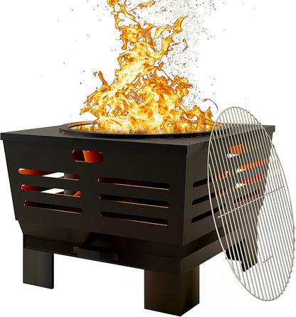 Fire Beauty Fire Pit with Stand,Smokeless Wood Burning Firepit with Ash Pan,Portable Outdoor Firepit with Cooking Grate & Poker For Camping,Backyard|L:23''xW:23''xH:17'',28.6lbs
