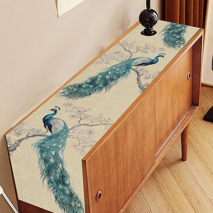 Peacock Table Runner,Retro Rustic Traditional Chinese Style Blossom Branch Table Runner Decor for Home Kitchen Dining Patio Holiday Party Indoor Table Decorations, 13"x36"
