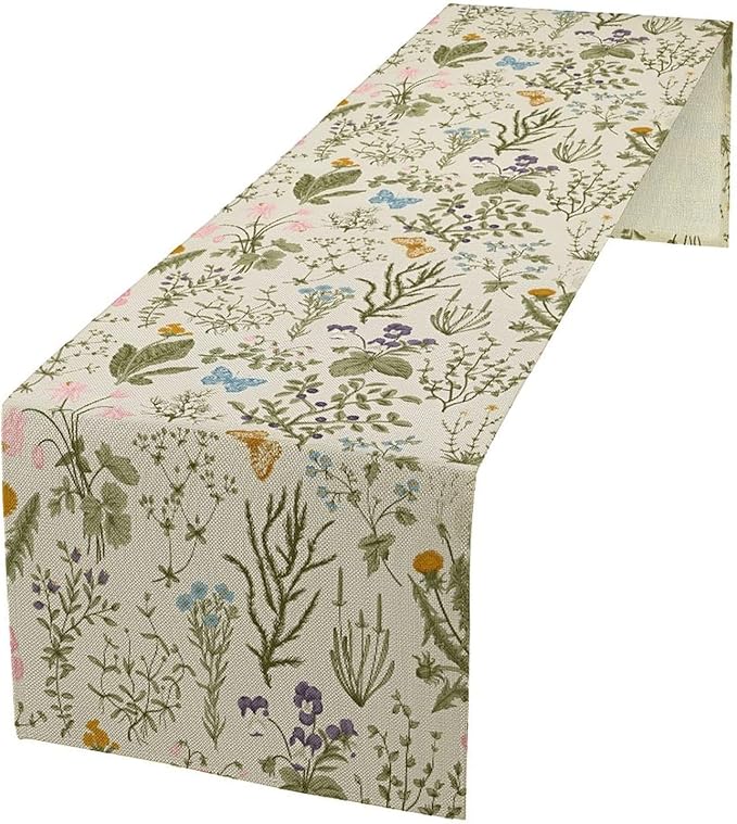 Vintage Wildflower Table Runner,Spring Floral Herbs Botanical Summer Butterfly Print Table Runner for Kitchen Dining Table Home Party Decor 13x70in