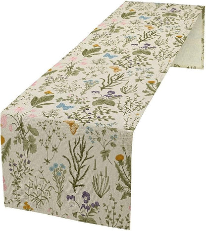 Vintage Wildflower Table Runner,Spring Floral Herbs Botanical Summer Butterfly Print Table Runner for Kitchen Dining Table Home Party Decor 13x70in