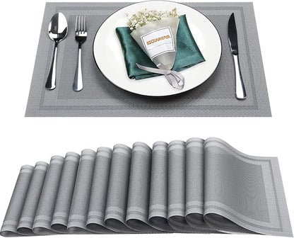 Placemats Set of 12,Washable,Heat and Stain Resistant Indoor/Outdoor Place mats,Vinyl Woven Non Slip Table Mats for Restaurant Table Protection,PVC Placemats(Gray,12PCS)