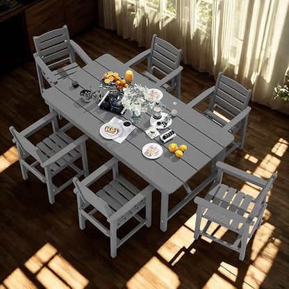 7 Piece Patio Dining Set with 11ft Patio Umbrella (Gray), 7 Gray Outdoor HDPE Dining Set with 6 Chairs + 1 Large Table with 2" Umbrella Hole, for Market, Pool, Garden, Backyard, Deck