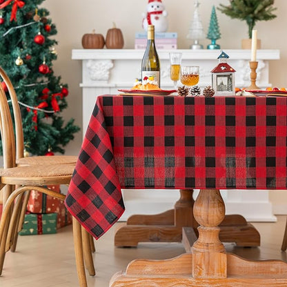Christmas Gingham Tablecloth Heavy Duty Cotton Blend Red 60x60 inch Plaid Christmas Table Cloth Reusable Waterproof Foldable Tablecloths Xmas Table Cover for New Year Party Decor