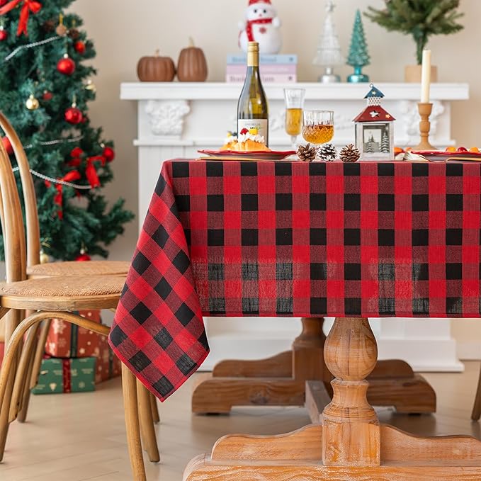 Christmas Gingham Tablecloth Heavy Duty Cotton Linen Red 60x84 inch Plaid Christmas Table Cloth Reusable Waterproof Foldable Tablecloths Xmas Table Cover for New Year Party Decor