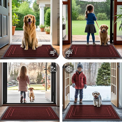 Buganda Front Door Mat Indoor Outdoor Entrance, Non-Slip Natural Rubber Doormats, Easy Clean, Low Profile, Dirt Trapper Entryway Floor Mats for Outside, Garages and Patios, 36x24, Wine Red
