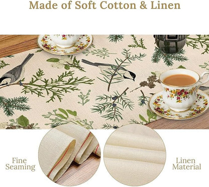 Bird Spring Table Runner,Vintage Watercolor Perching Birds Green Pine Branches Table Runner for Kitchen Dining Table Holiday Indoor Outdoor Home Party Decor 13x90in