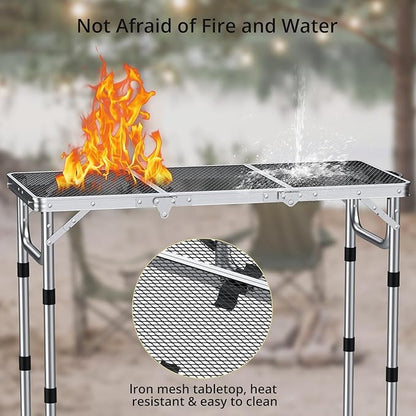 Anbte 3ft Folding Grill Table with Storage Bag, 3 Adjustable Height 27.5" Aluminum Portable Grill Table, Heat Resistant, Lightweight, Portable Handle for BBQ Cooking Camping Travel, 35" X 16", Silver