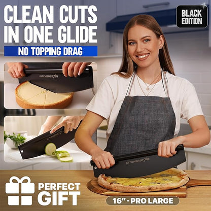 KitchenStar 16-Inch Pizza Cutter Rocker Blade - Sharp Stainless Steel Slicer Knife, Protective Cover, Black Nonstick, Large - Professional Pizza Oven Accessories