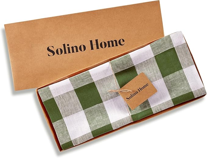 Solino Home Linen Table Runner 60 Inches - 100% Pure Linen Buffalo Check Olive and White Table Runner 14 x 60 Inch Ideal for Dresser and Coffee Tables, Spring, St Patricks Day, Easter