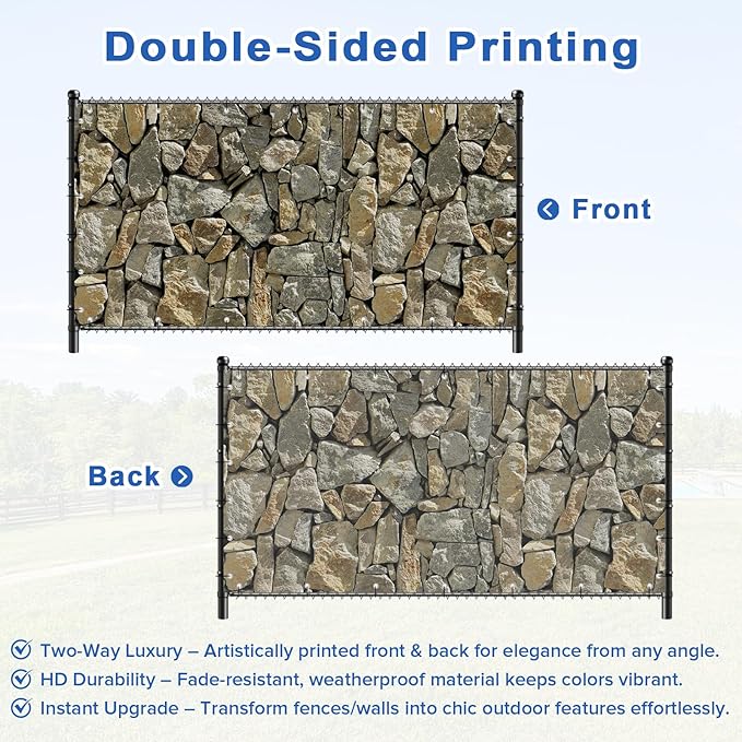 UPGRADE 4'x1'Customized PVC Privacy Fence Screen with Stone Wall Print – Outdoor Waterproof Patio Privacy Cover for Yard, Balcony, Garden Fence Decoration