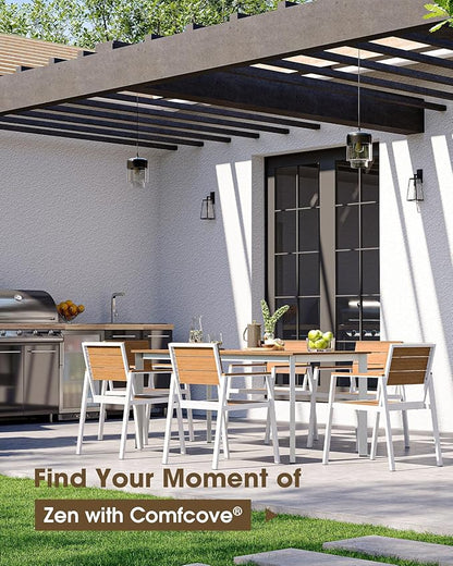 Outdoor Patio Dining Table, Aluminum & HDPS Outdoor Table with Umbrella Hole, All-Weather for Deck, Garden, Lawn, Backyard, Poolside and Indoor Use (White & Teak)