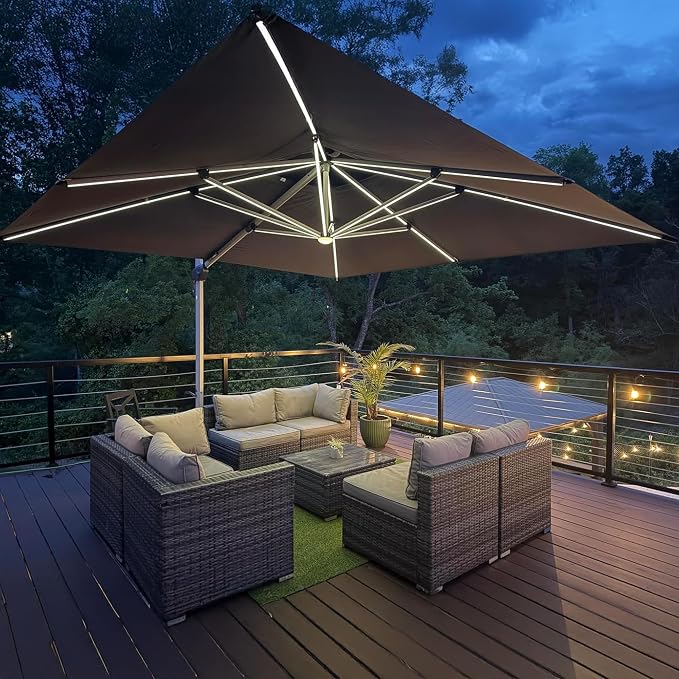 PURPLE LEAF Patio Umbrella 9' X 12' Double Top Solar LEDlight, Slate Gray | by PURPLELEAF