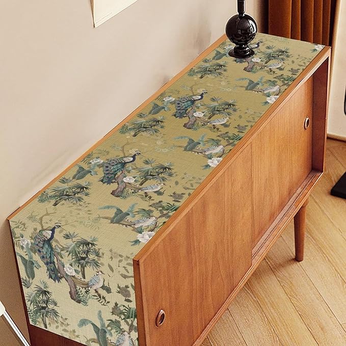 Asian Table Runner,Ruatic Traditionla Chinese Style Penoy Floral Branch Table Center Decor for Home Kitchen Dining Patio Party Indoor Table Decorations, 13"x72"
