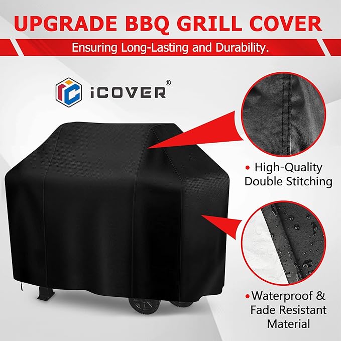 iCOVER Grill Cover, 65 inch BBQ Grill Cover for Outdoor Grill, Anti-UV & Fade Resistant Gas Grill Cover, Waterproof Barbecue Grill Covers for Weber, Char-Broil, Nexgrill and More, Black