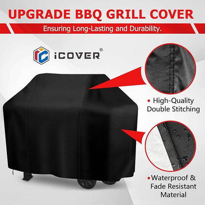 iCOVER Grill Cover, 65 inch BBQ Grill Cover for Outdoor Grill, Anti-UV & Fade Resistant Gas Grill Cover, Waterproof Barbecue Grill Covers for Weber, Char-Broil, Nexgrill and More, Black