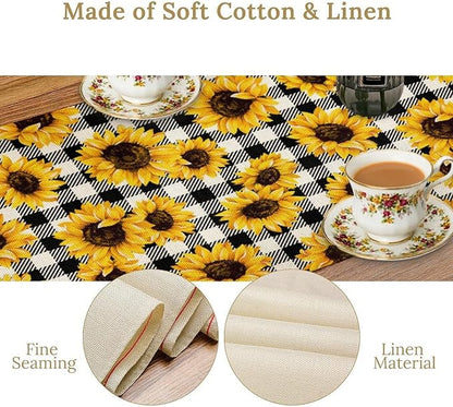 Summer Sunflower Table Runner, Sunshine Seasonal Buffalo Plaid Table Runner for Indoor Home Party Kitchen Dining Outdoor 13x70in
