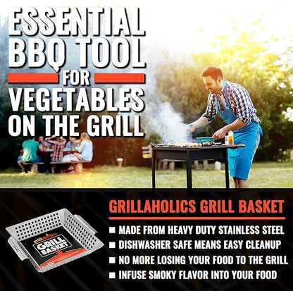 Grillaholics Vegetable Grill Basket for Outdoor Grill - Extra Large, Heavy-Duty Stainless Steel Veggie Grilling Basket with Handles