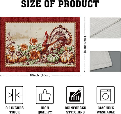 Giwawa 4PCs Thanksgiving Placemats 12x18 Inch Fall Harvest Turkey Autumn Pumpkin Sunflowers Corn Place Mat Non Slip Heat Resistant Table Mats for Kitchen Dining Tabletop Holiday Farmhouse Decor