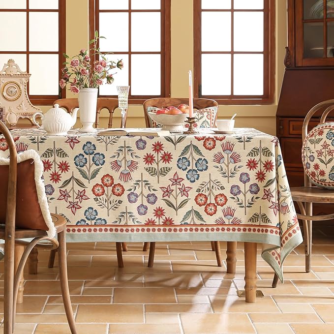 French Linen Long Rectangle Tablecloth,Vintage Colorful Multiple Prints Soft and Durable Tablecloths,Decor Table Cover for Kitchen,Dining,Party,Thanksgiving,Christmas,63"*94"-Lohi
